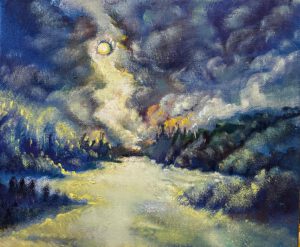 25X30 boyutunda "Altın Yaldızlı Göl" isimli Yağlı Boya Tablosu - Halil GÜLEL.
